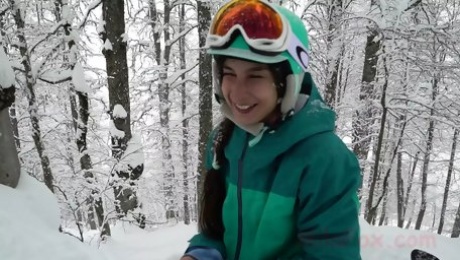 Mila Fox Lisichka hotly sucked a dick snowboarder in the woods in the frost. sperm on the face