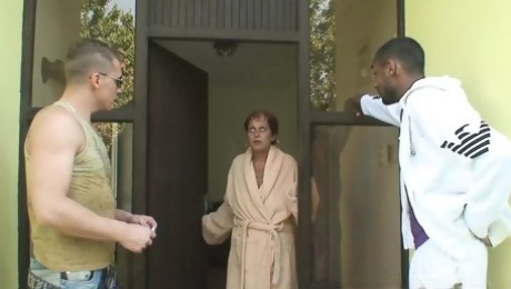 Two big-cocked guys share hot granny neighbor